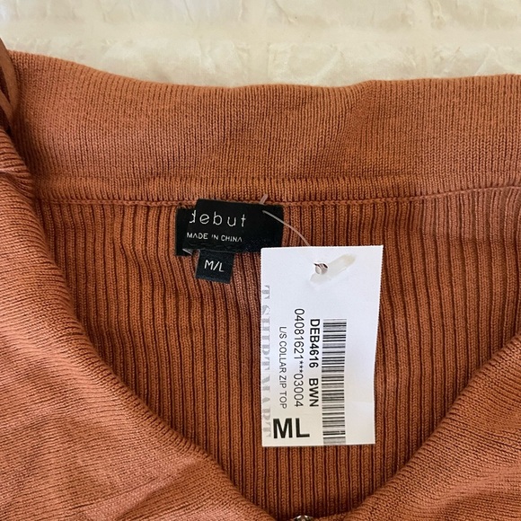 Debut Tan Ribbed Front Zip Long Sleeve Crop - Picture 3 of 6